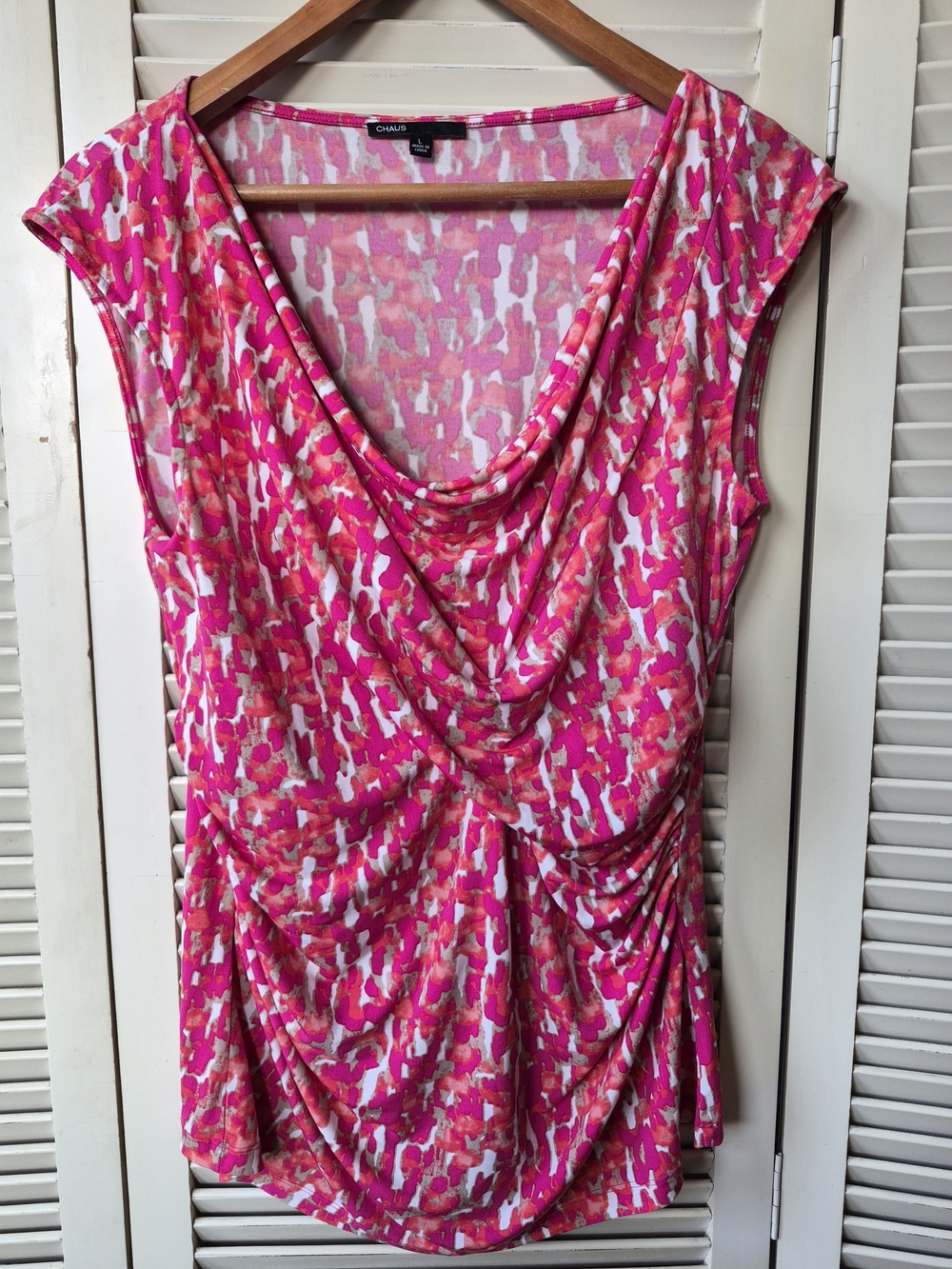 Chaus Women's Pink Patterned Draped Cowl Neck Top Size Large